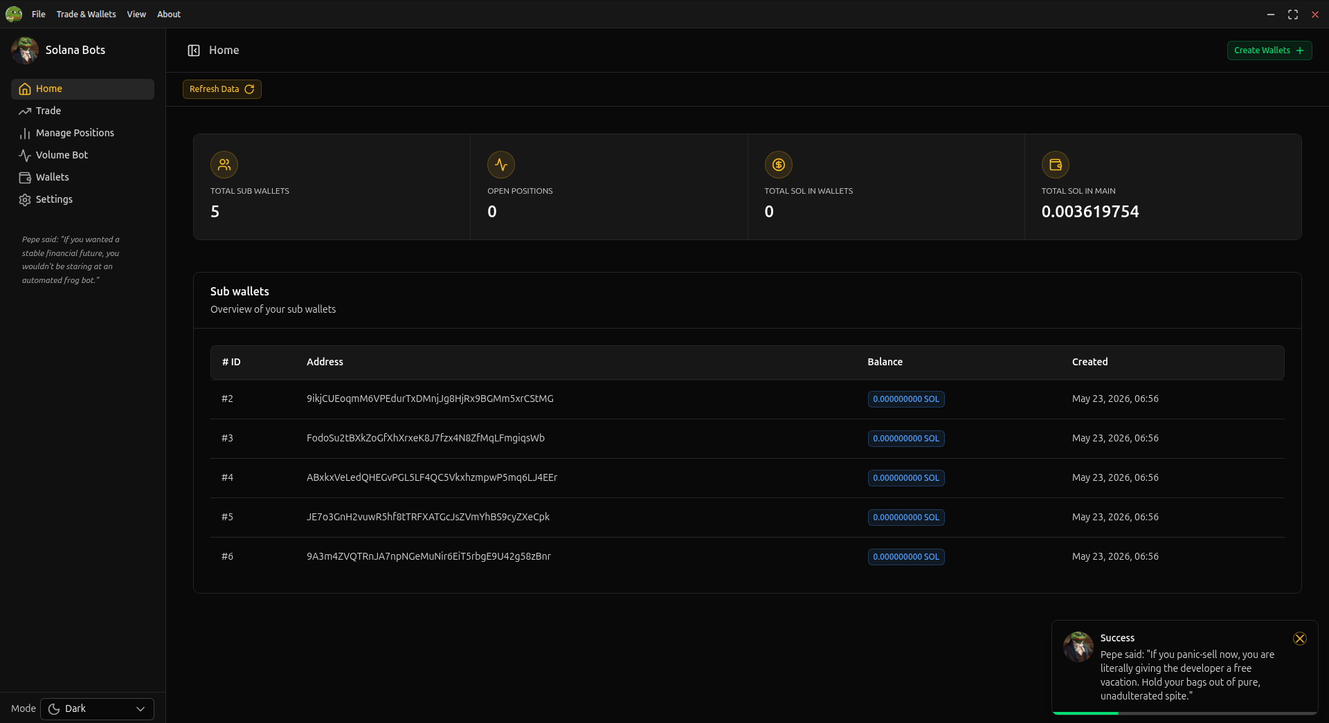 Solana Bots desktop application showing wallet management dashboard